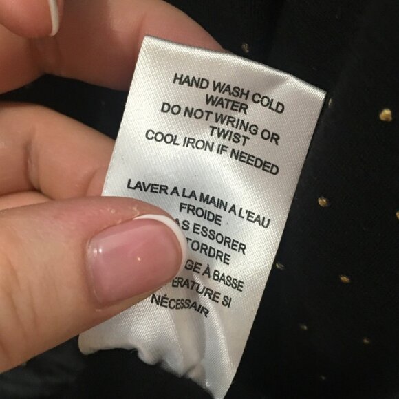 Shirt Women Large Black Gold Polka Dot Smocked Hem Stretch Como Blu - Picture 5 of 7